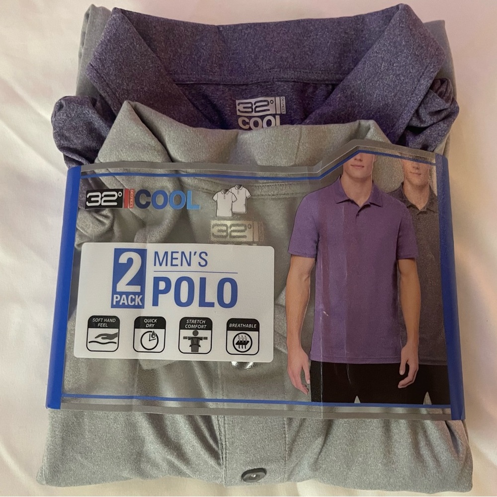 •Large• New Mens 32 Degree Cool 2 PACK Heather Purple/Grey Soft Polo Shirts